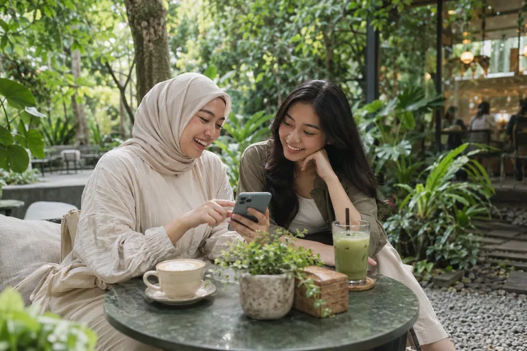 Dua teman melihat ponsel bersama di taman kafe, salah satunya berhijab