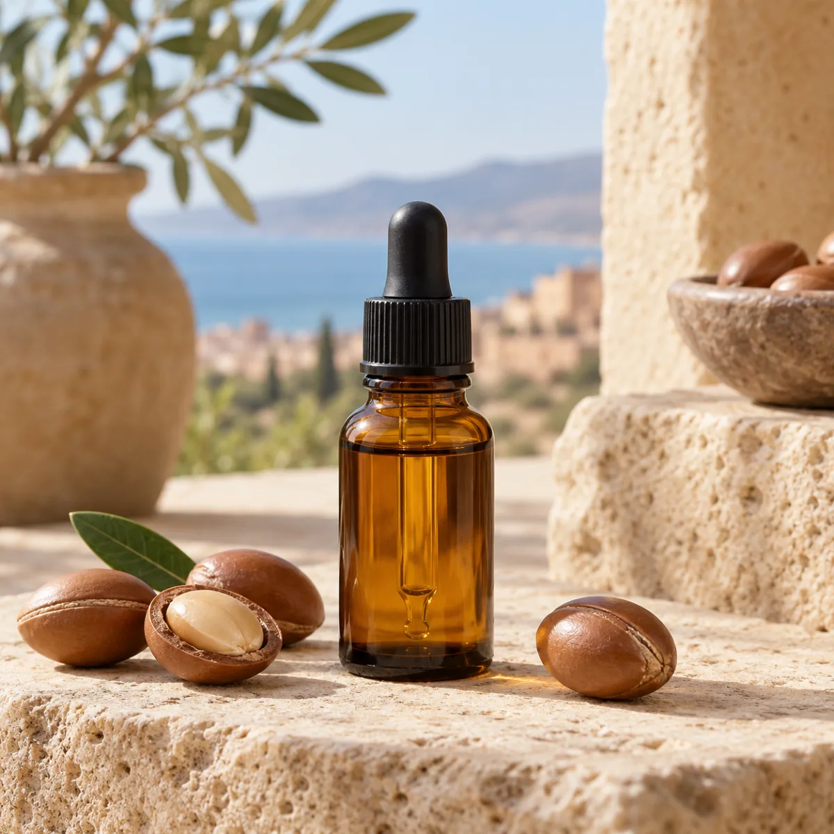 Amber glass argan oil bottle with argan kernels