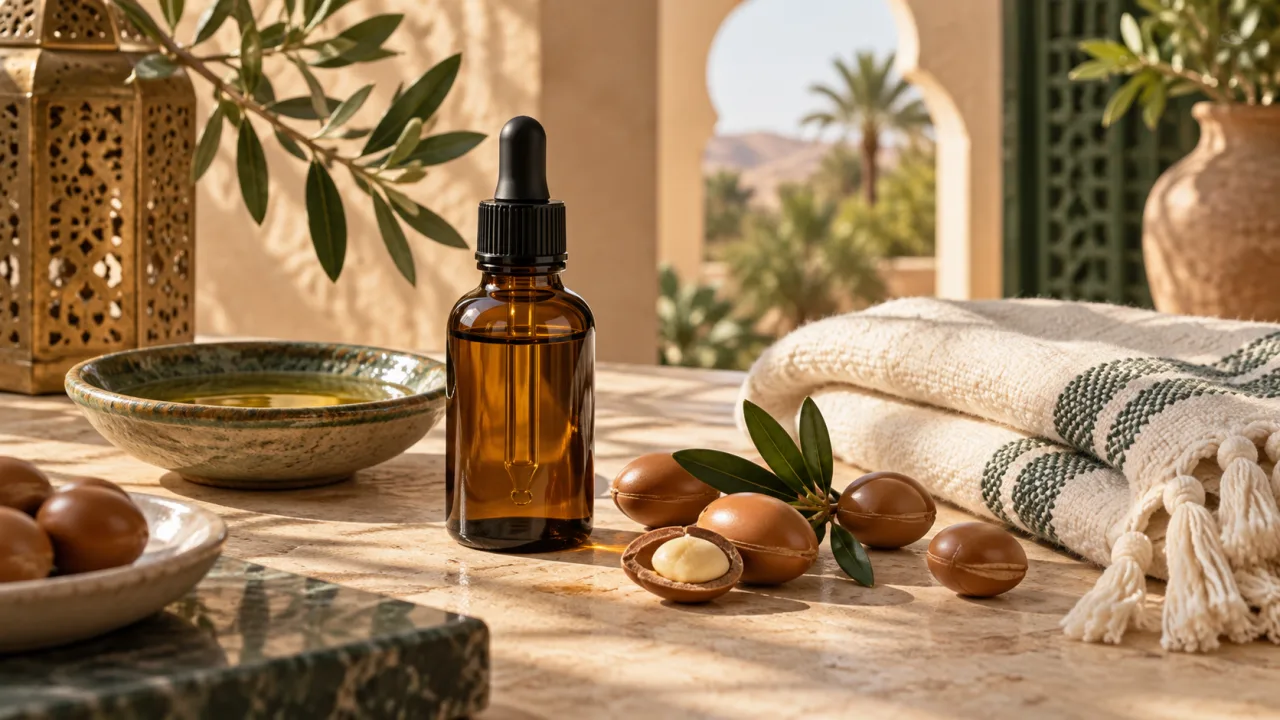 Argan oil bottle in an after-bath care setting