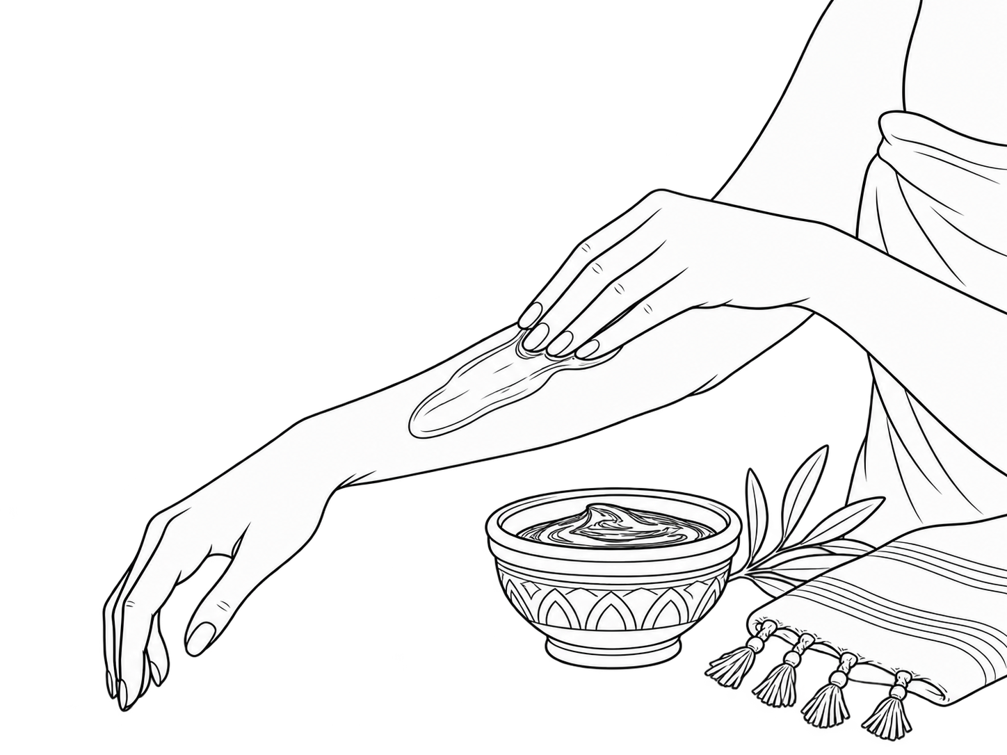 Ilustrasi garis seorang perempuan mengoleskan sabun hitam Maroko pada lengan