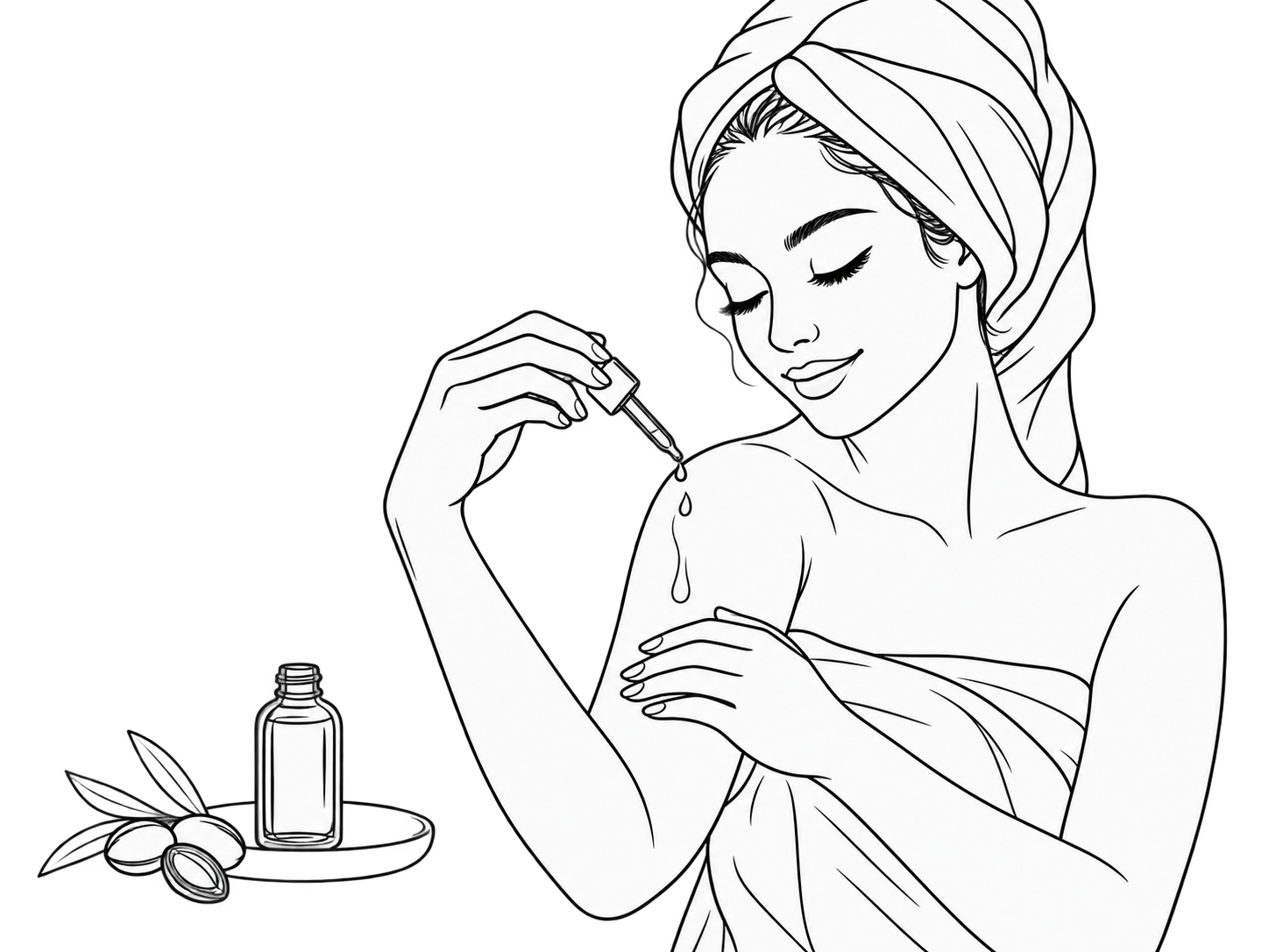 Ilustrasi garis seorang perempuan mengoleskan minyak argan pada bahu setelah mandi