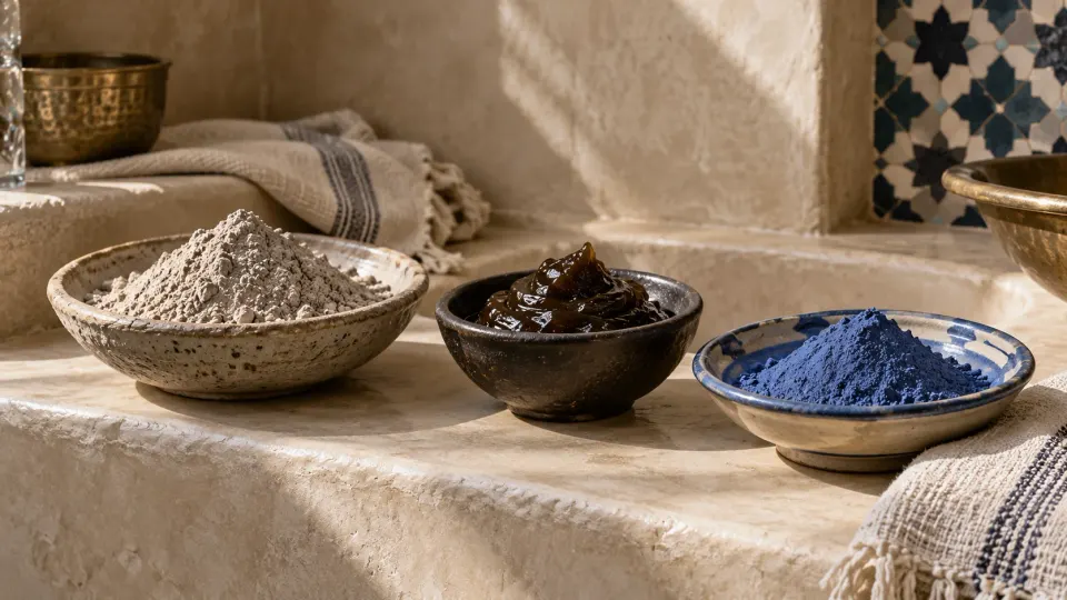 Bowls of ghassoul clay, black soap paste and blue nila in a hammam setting