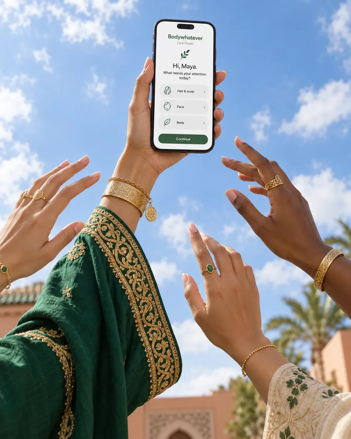 CareFinder on a phone held by a hand in a Moroccan kaftan