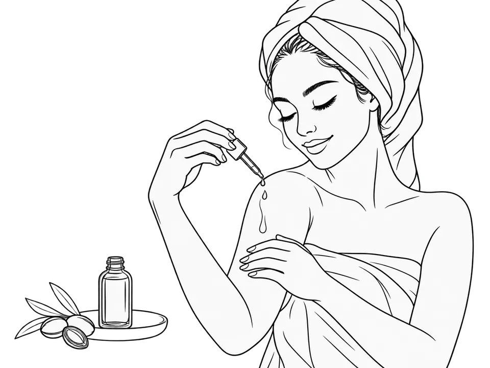 Line illustration of a woman applying argan oil to her shoulder after bathing