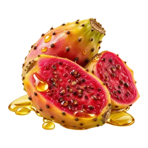 Prickly pear fruits cut open with drops of golden oil