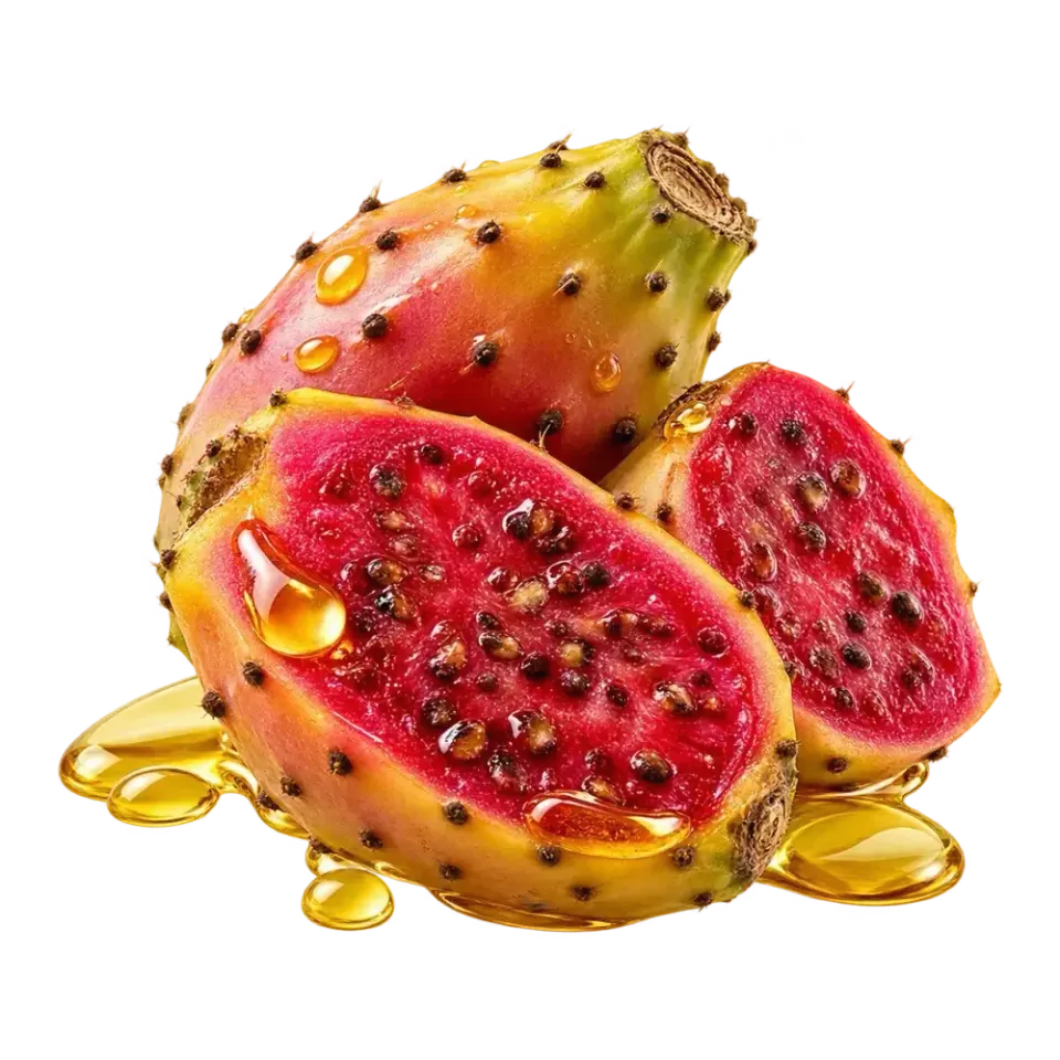 Buah prickly pear yang dibelah dengan tetesan minyak keemasan