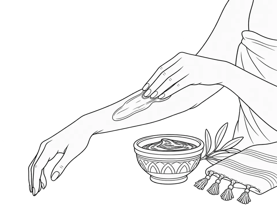 Line illustration of a woman applying Moroccan black soap to her arm