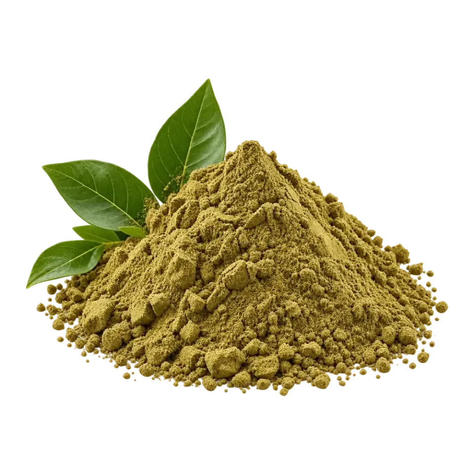 Henna powder with green henna leaves