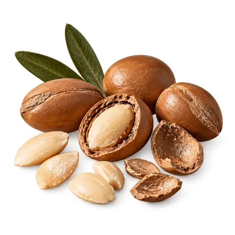 Argan fruit, shells and kernels on a stone surface