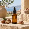 Amber glass argan oil bottle with argan kernels
